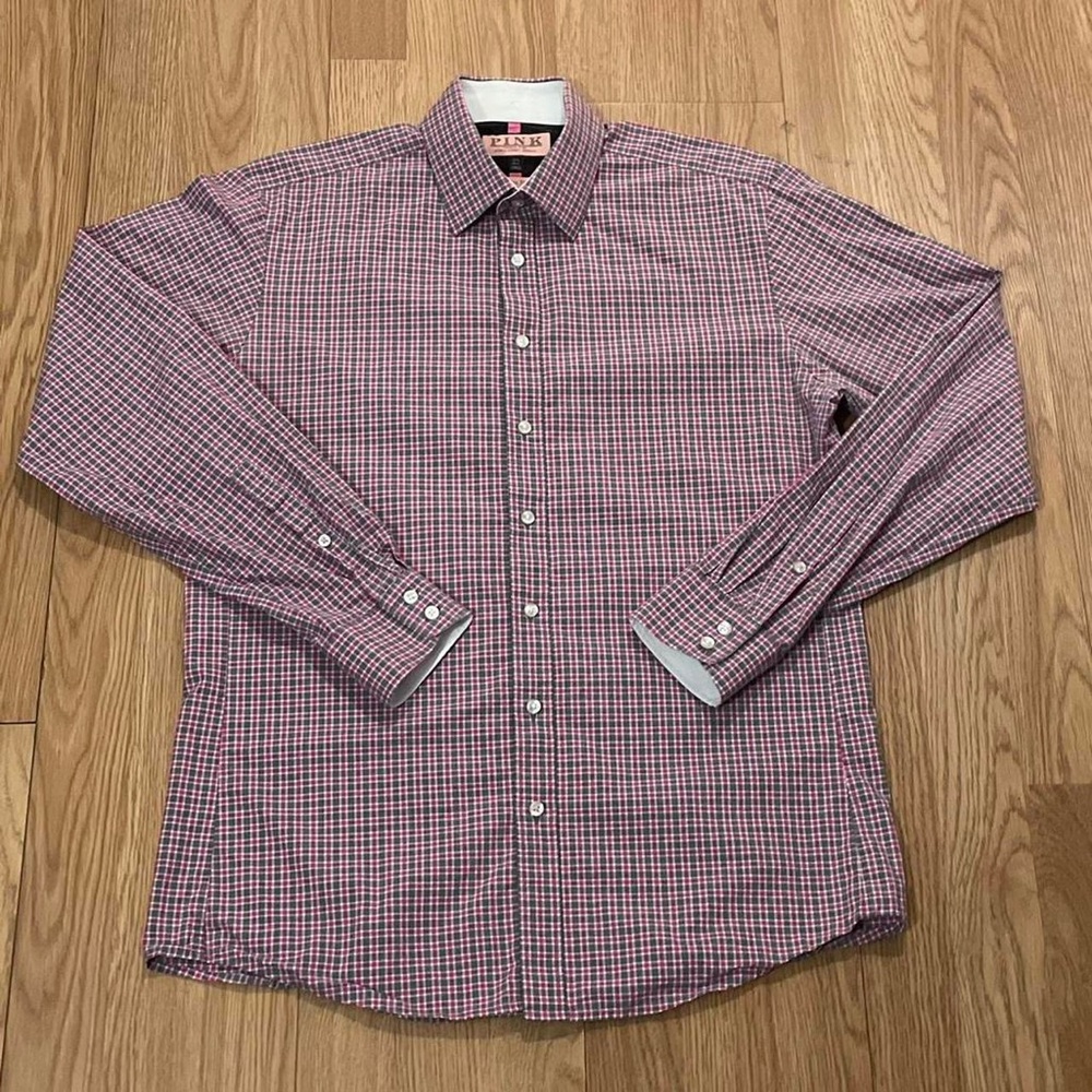 Thomas Pink Men’s 15.5 Long Sleeve Button Up Shirt Slim Fit Pink Gingham Check